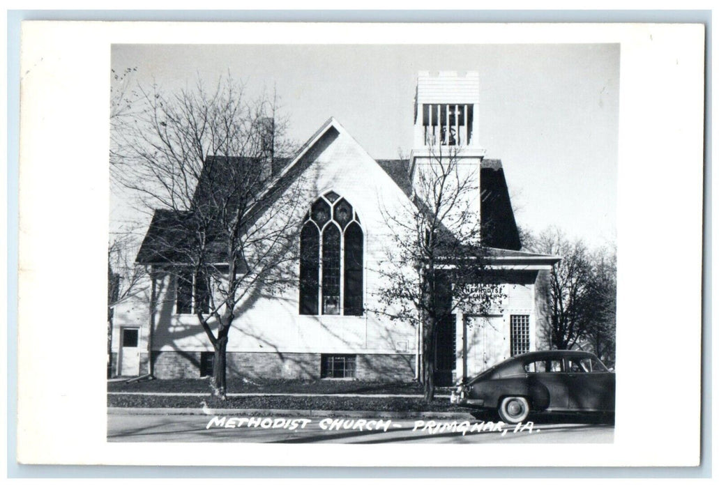 c1950's Methodist Church Scene Street Car Primghar Iowa IA RPPC Photo Postcard