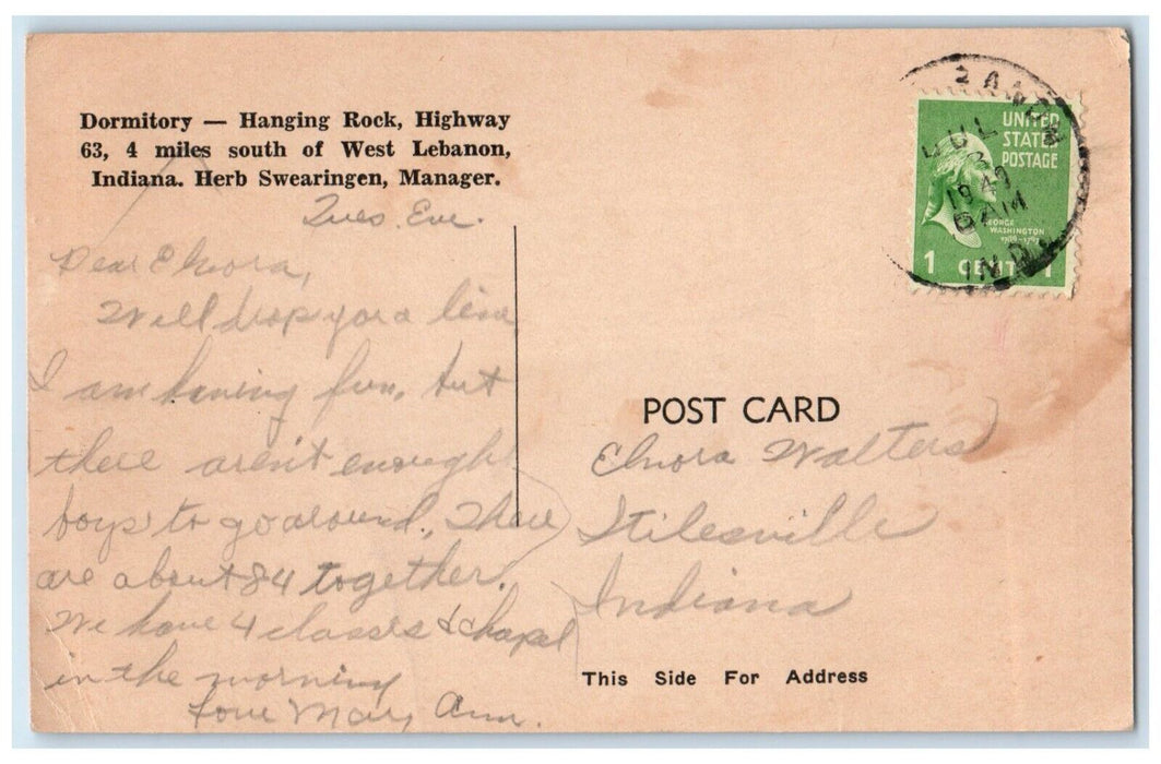 1949 Hanging Rock Christian Assembly Dormitory West Lebanon Indiana IN Postcard