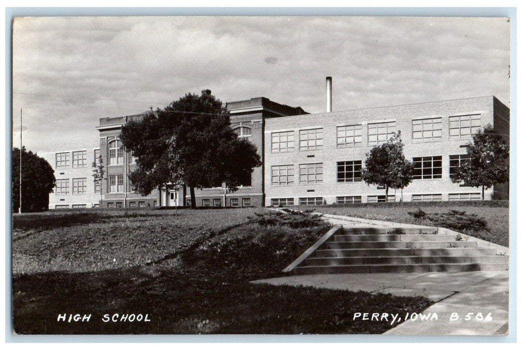 1941 High School Building Campus Perry Iowa IA RPPC Photo Vintage Postcard