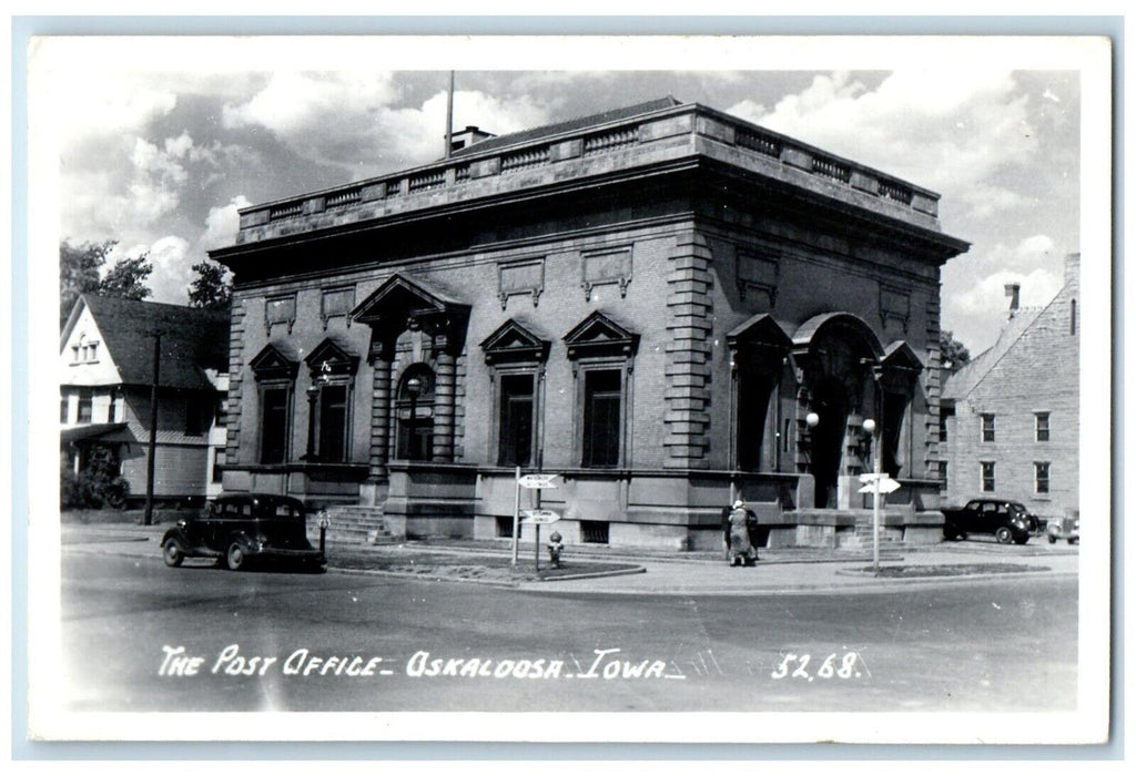 c1940's The Post Office Building Cars Oskaloosa Iowa IA RPPC Photo Postcard