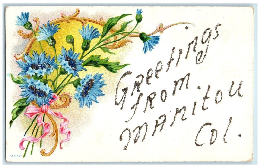 c1910 Glitter Flowers Embossed Greetings From Manitou Colorado Unposted Postcard