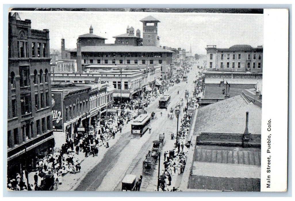 1910 Birds Eye View Main Street Road Streetcar Building Pueblo Colorado Postcard