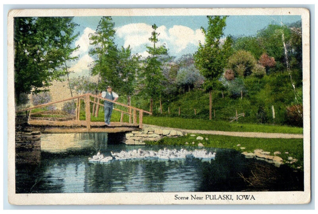 1915 Wooden Bridge Creek Scene Man Standing Ducks Pulaski Iowa Vintage Postcard