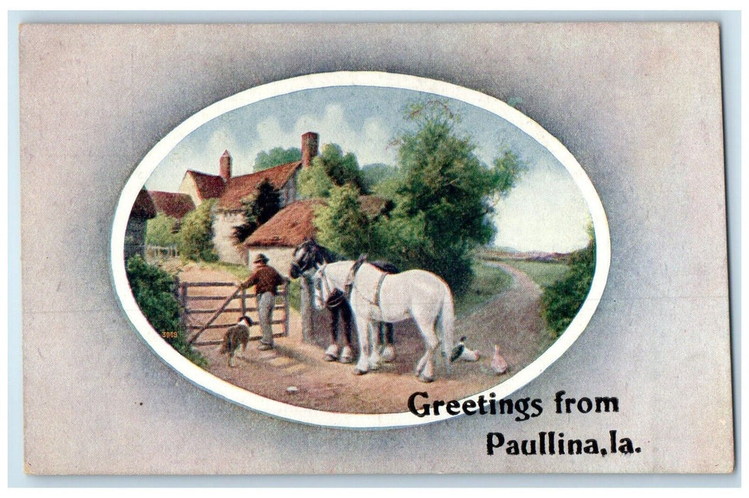 c1910 Exterior Horses Dog Animals Greetings From Paullina Iowa Unposted Postcard