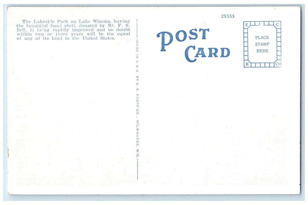 c1930's Band Stand In Lakeside Park Cars Winona Minnesota MN Vintage Postcard