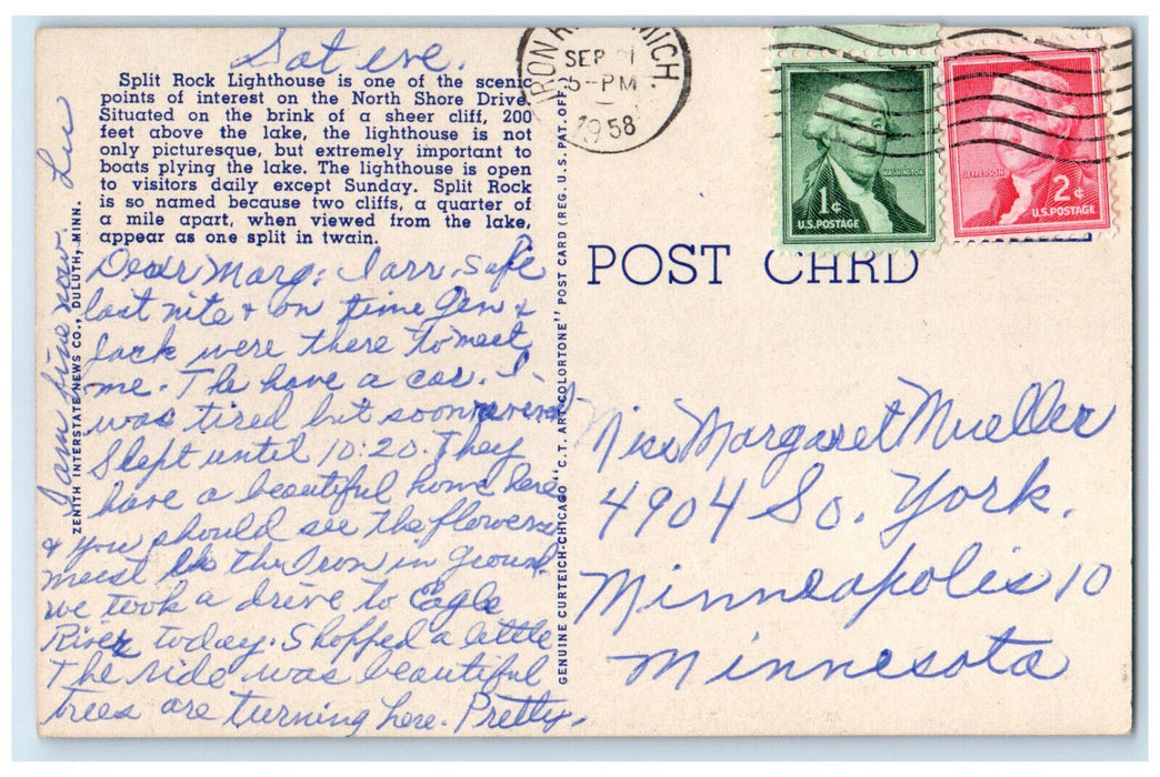 1958 Split Rock Lighthouse Beautiful Lake Superior Minnesota MN Postcard