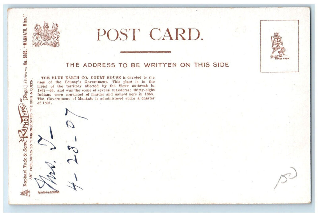 1907 Blue Earth County Court House Mankato Minnesota MN Tuck's Antique Postcard