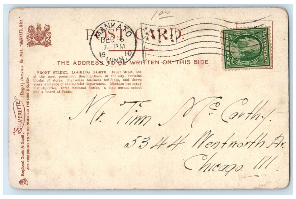 1910 Front Street Looking North Mankato Minnesota MN Tuck's Antique Postcard