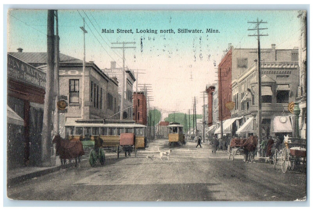 1910 Main Street Looking North Trolley Dog Stillwater Minnesota MN Postcard
