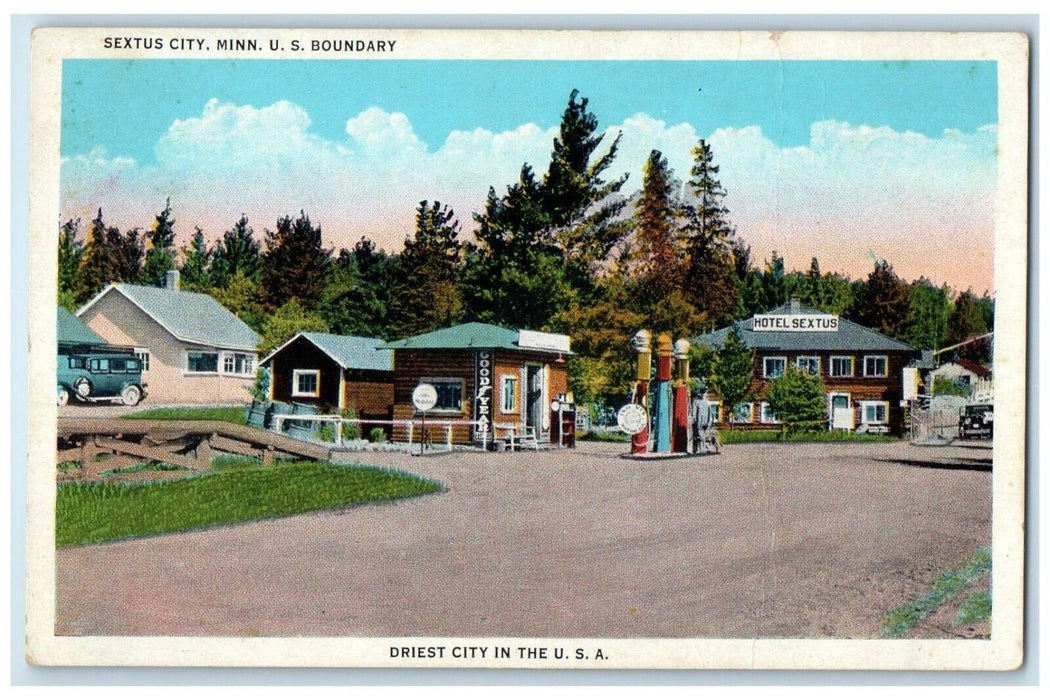 c1930s Sextus City Minnesota MN, US Boundary Hotel Goodyear Gas Station Postcard
