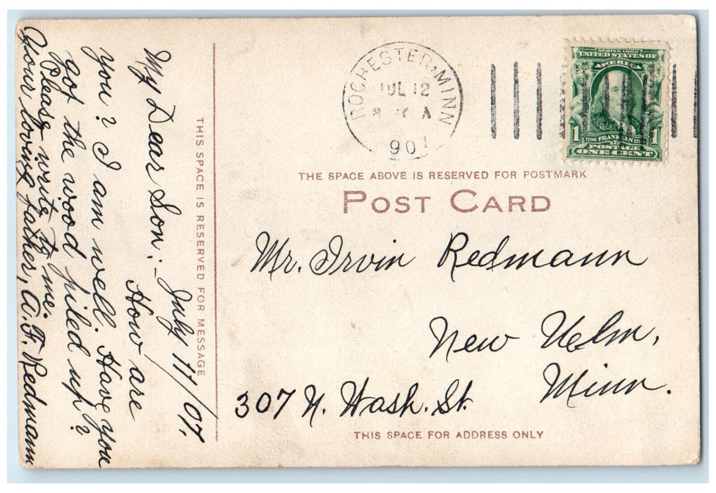 1907 One of the First Homes of Rochester Minnesota MN Posted Postcard
