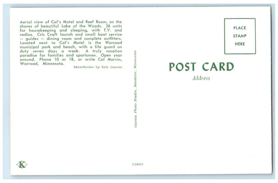 Aerial View Of Cal's Motel And Ref Room Warroad Minnesota MN Vintage Postcard