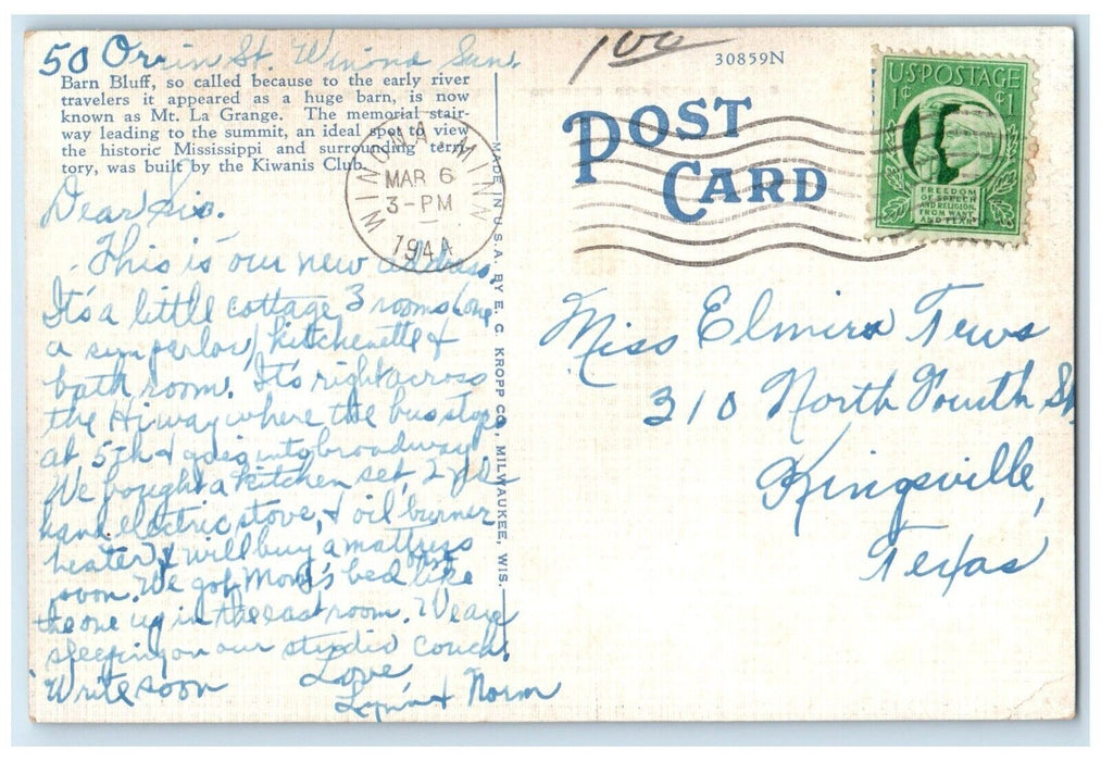 1944 View Of Barn Bluff And Stairway Red Wing Minnesota MN Vintage Postcard