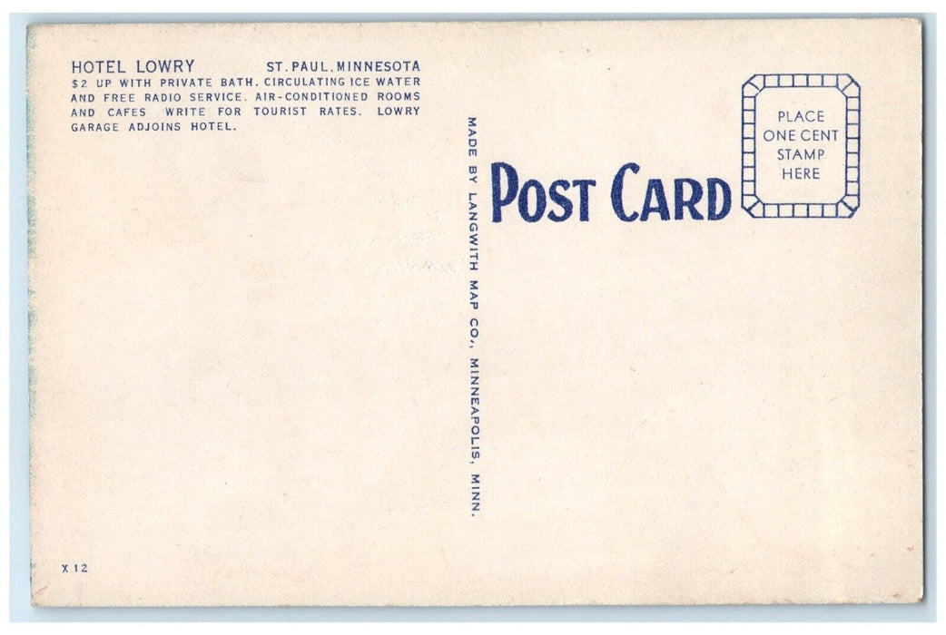 c1930's Hotel Lowry Map St. Paul Minnesota MN Unposted Vintage Postcard