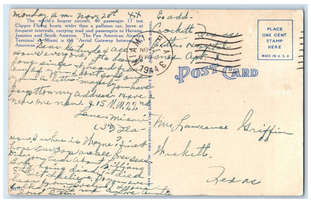 1944 Hangars for Clipper Ships that Fly Down from Miami Florida FL Postcard