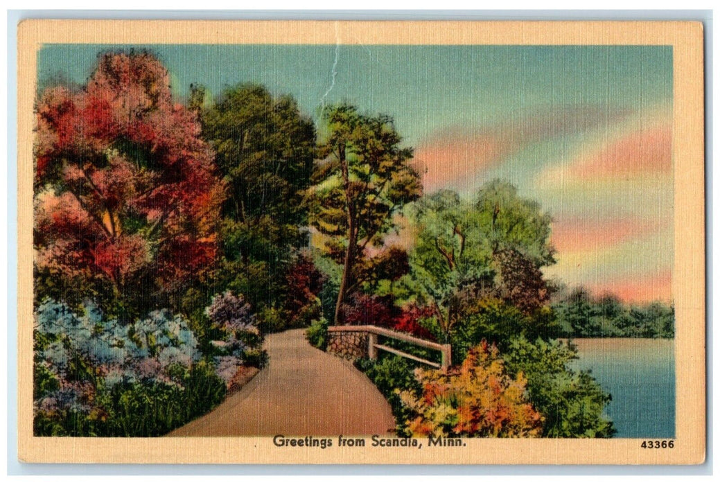 c1930's Greetings From Scandia Minnesota MN, Road Lake View Antique Postcard