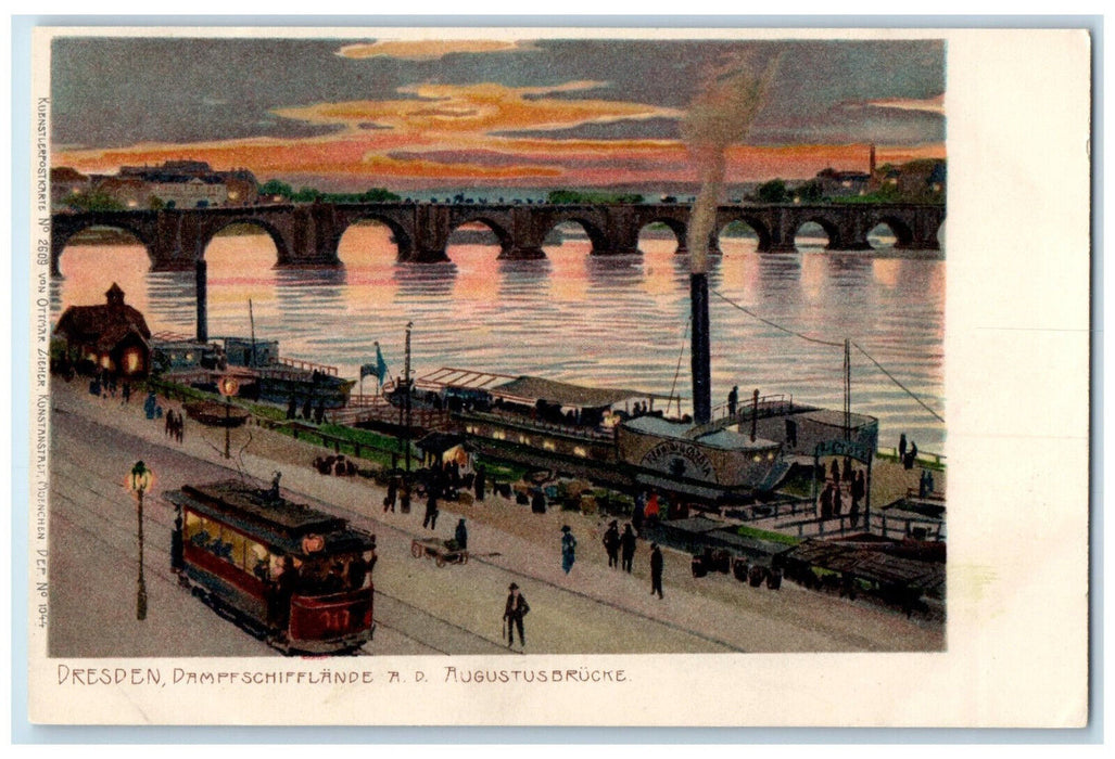 c1905 Augustus Bridge Steamboat Landing Dresden Germany Trolley Car Postcard