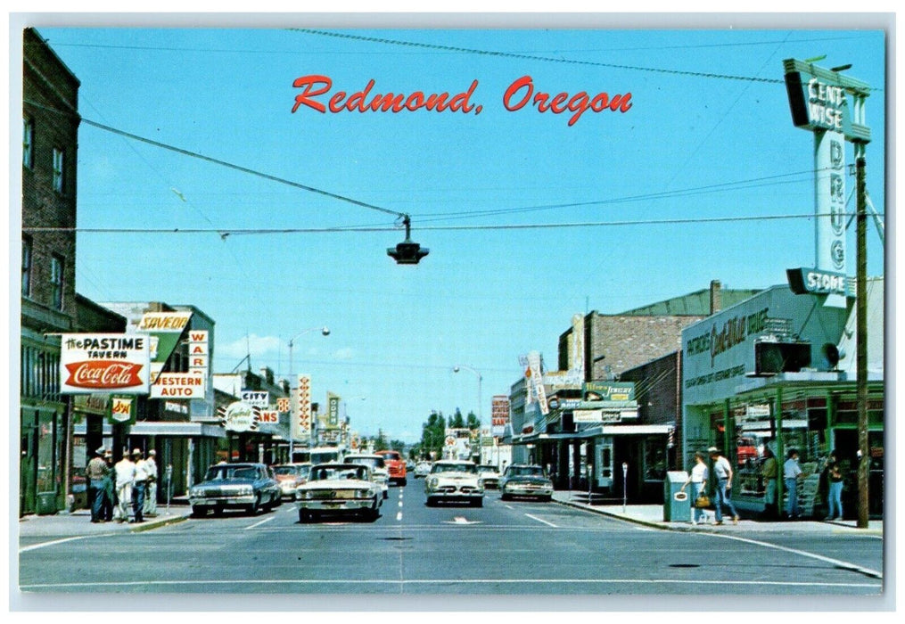 c1960 Main Street Classic Cars Buildings Road Redmond Oregon OR Antique Postcard