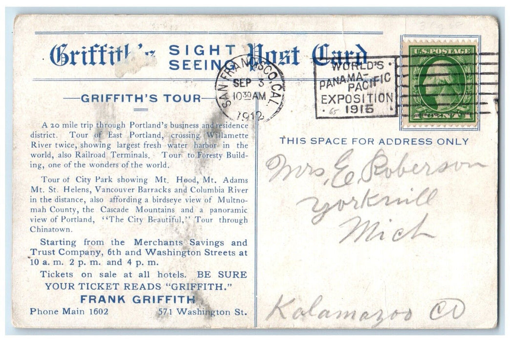 1912 Griffiths Tour Worlds Panama Pacific Exposition Portland Oregon OR Postcard