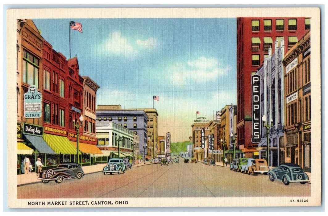 c1940 Busy Street North Market Street Canton Ohio OH Vintage Unposted Postcard
