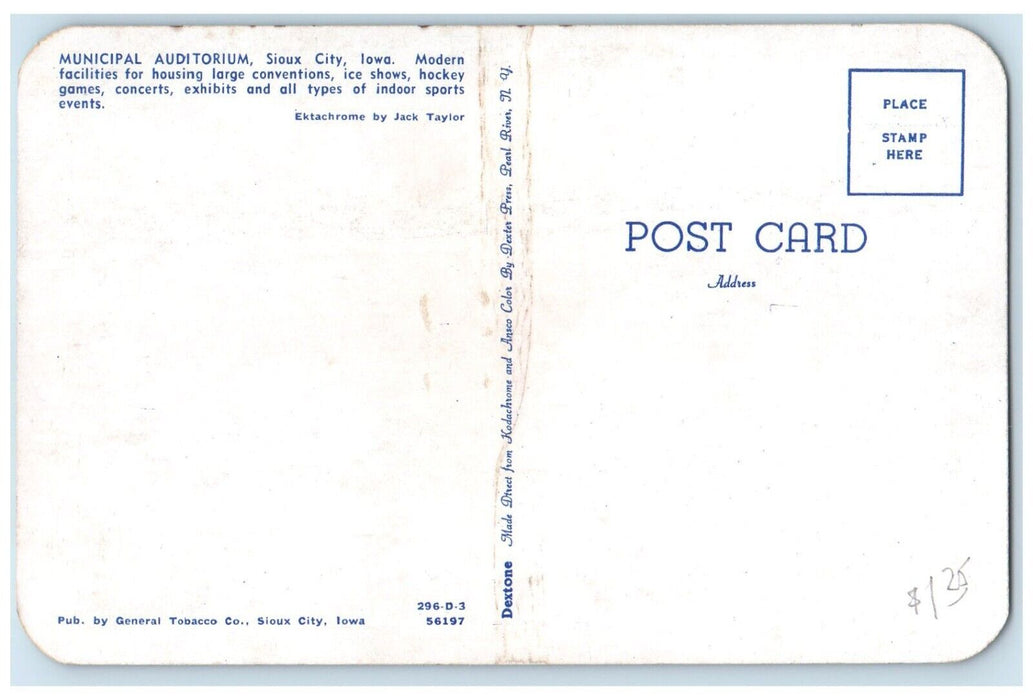c1960 Municipal Auditorium Facilities Exterior Building Sioux City Iowa Postcard