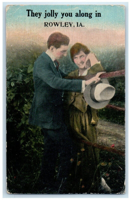 c1910 Jolly You Along Lovers Couple Woman Rowley Iowa Vintage Antique Postcard