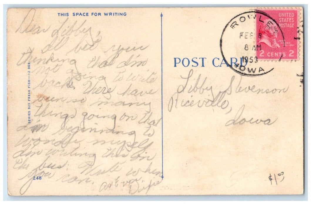 1953 Greetings From Fish Keep You Busy Here Exaggerated Rowley Iowa IA Postcard