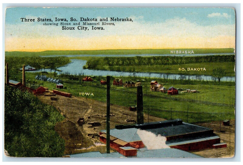 1910 Three States Iowa South Dakota Nebraska Missouri Rivers Sioux City Postcard