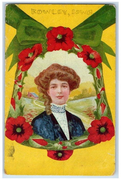 1911 Woman Christmas Bell Flower Rowley Iowa Vintage Antique Posted IA Postcard