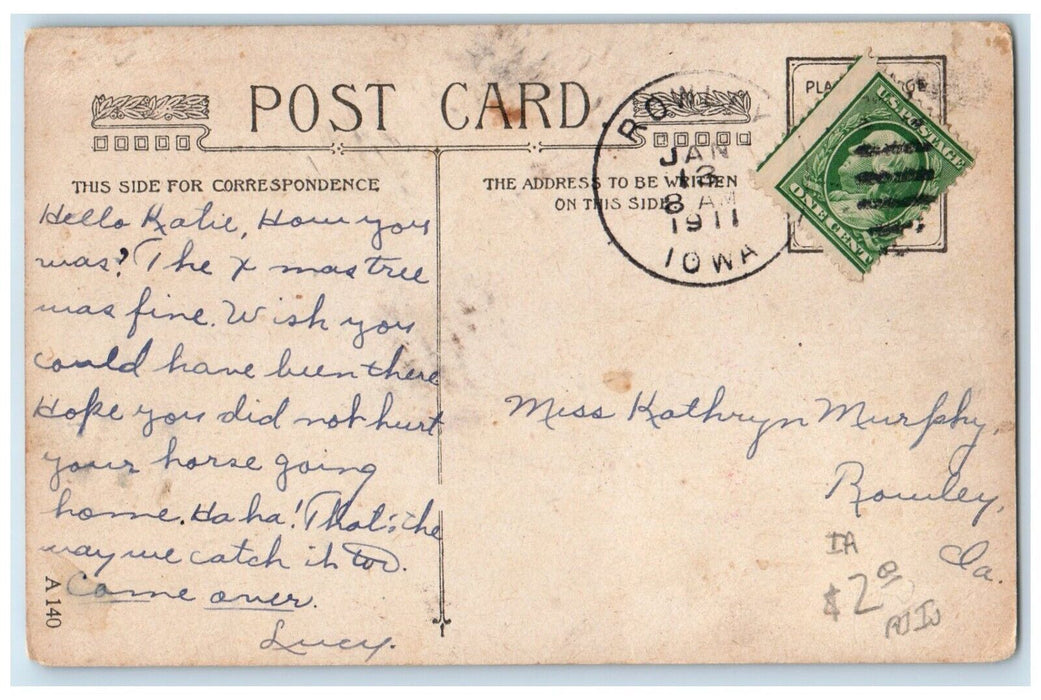 1911 Woman Christmas Bell Flower Rowley Iowa Vintage Antique Posted IA Postcard