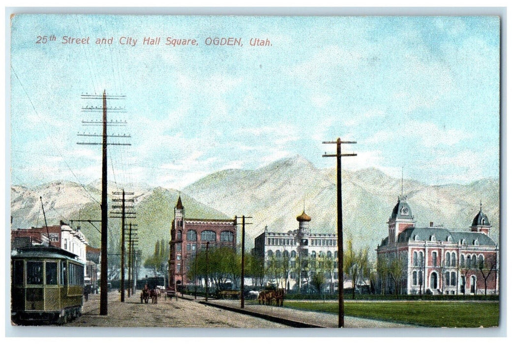 c1910 25th Street City Hall Square Streetcar Ogden Utah Antique Vintage Postcard