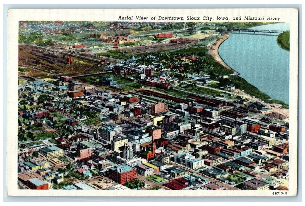 1949 Aerial View Downtown Exterior Lake Sioux City Iowa Missouri River Postcard
