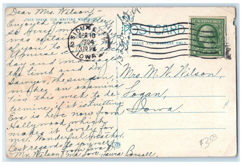 1924 Looking North Pierce Street Classic Cars Exterior Sioux City Iowa Postcard