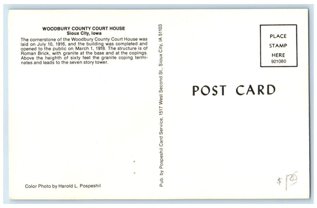 c1960 Woodbury County Court House Exterior Building Sioux City Iowa IA Postcard