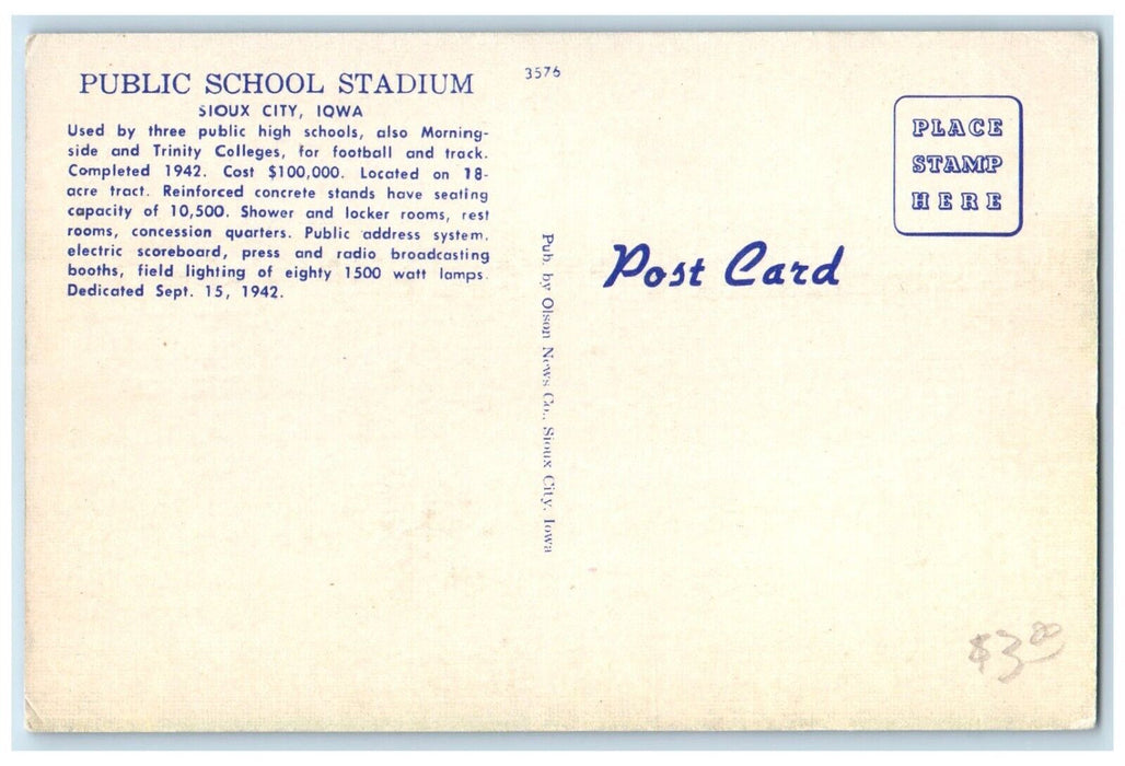 c1940 Public School Stadium Morningside Trinity Field Sioux City Iowa Postcard