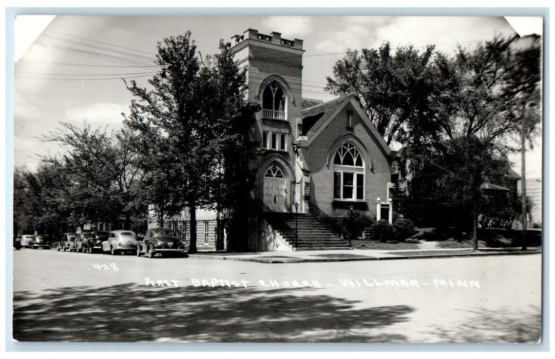 c1940's Baptist Church Cars Street View Willmar Minnesota MN RPPC Photo Postcard