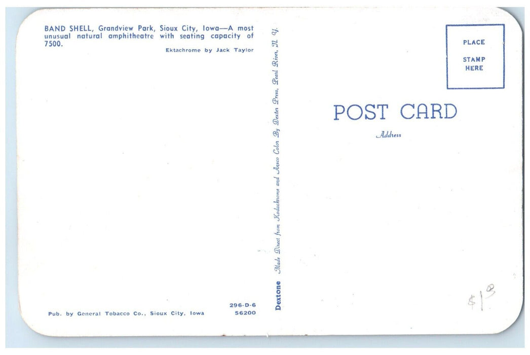 c1950's Band Shell Grandview Park Sioux City Iowa IA Unposted Vintage Postcard