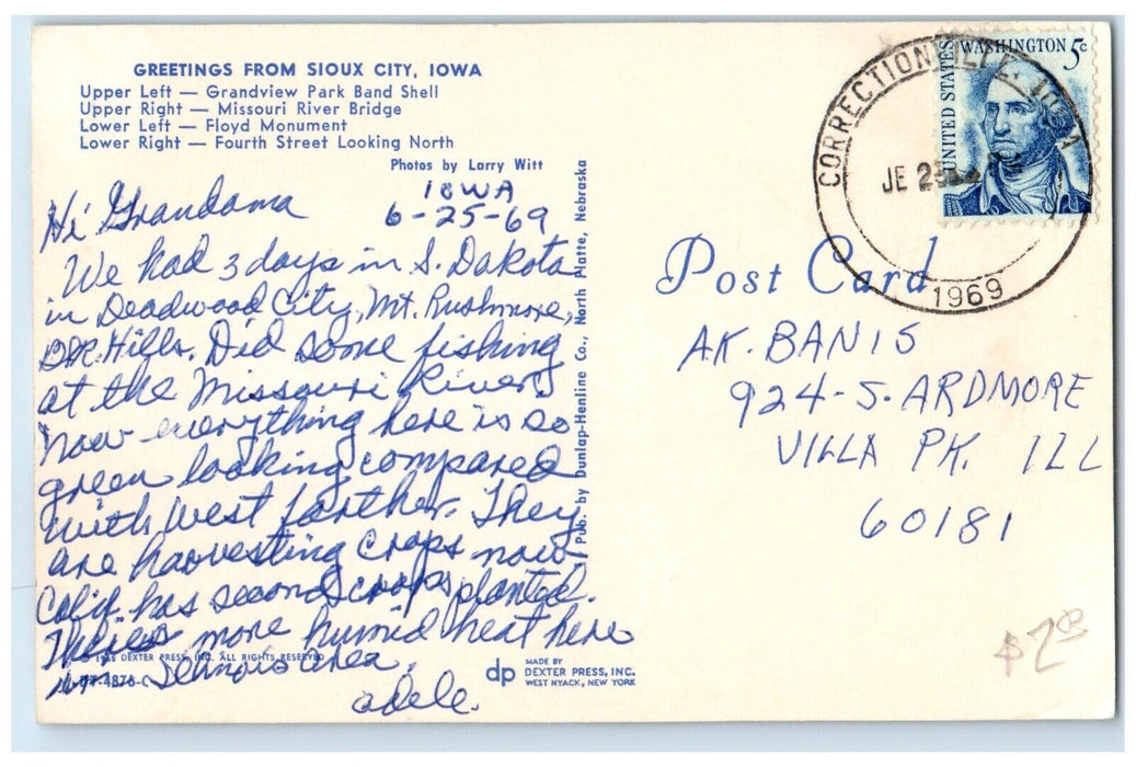 1969 Greetings From Sioux City Iowa IA Multiview Unposted Vintage Postcard