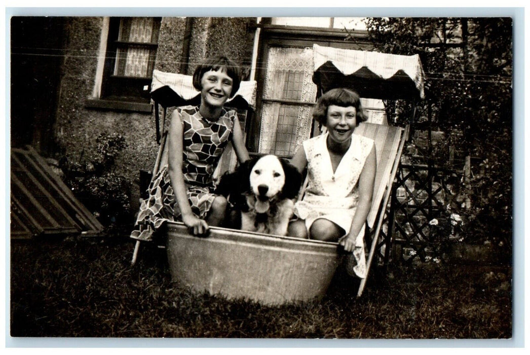 c1910's Girls And Dog Playing Animal RPPC Photo Posted Antique Postcard