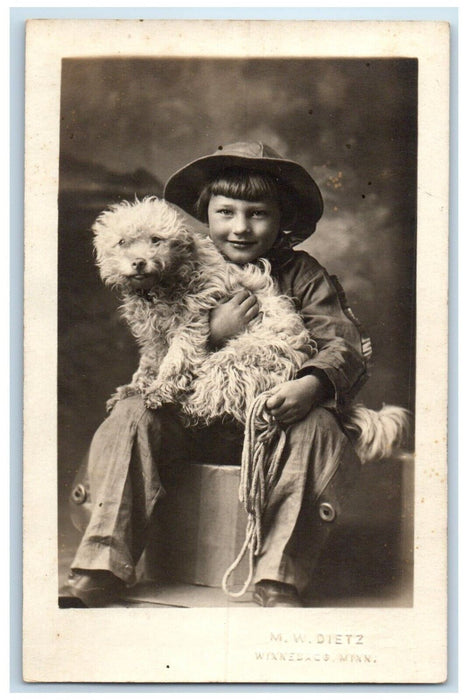 c1910s Little Boy And Cute Dog Studio Winnebago Minnesota MN RPPC Photo Postcard