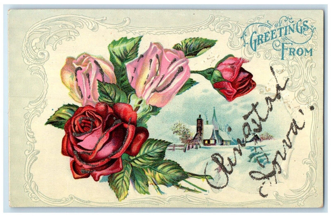 Greetings From Ringsted Iowa Embossed Roses Exterior Glitter Antique IA Postcard