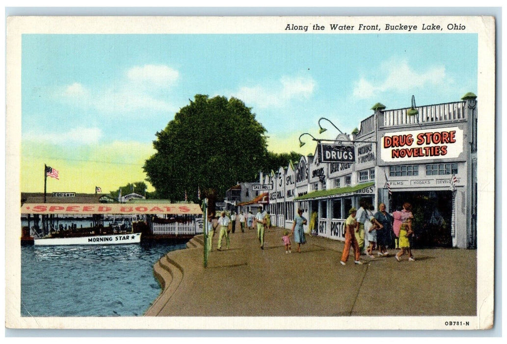 1952 Along Water Front Drugstore Novelties Buckeye Lake Ohio OH Antique Postcard