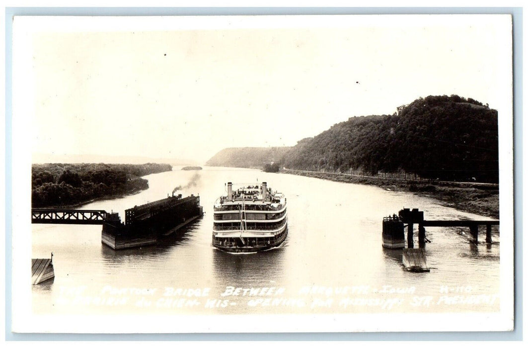 Pontoon Bridge Steamer Marquette Iowa Prairie Du Chien WI RPPC Photo Postcard