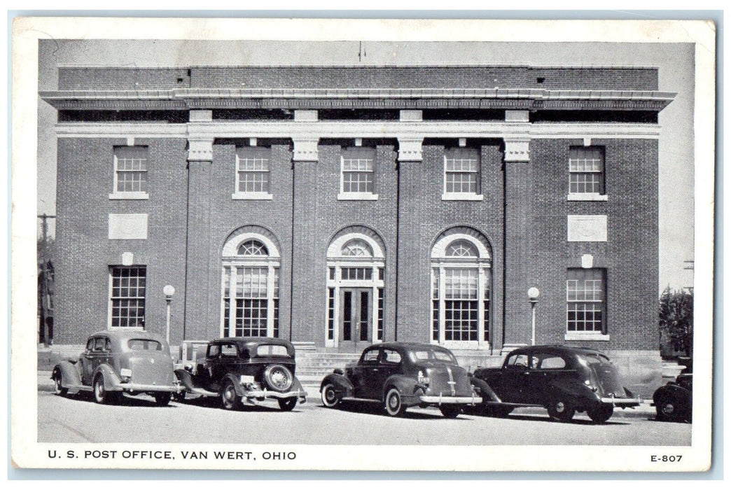 c1930's US Post Office Building Cars Front Van Wert Ohio OH Vintage Postcard