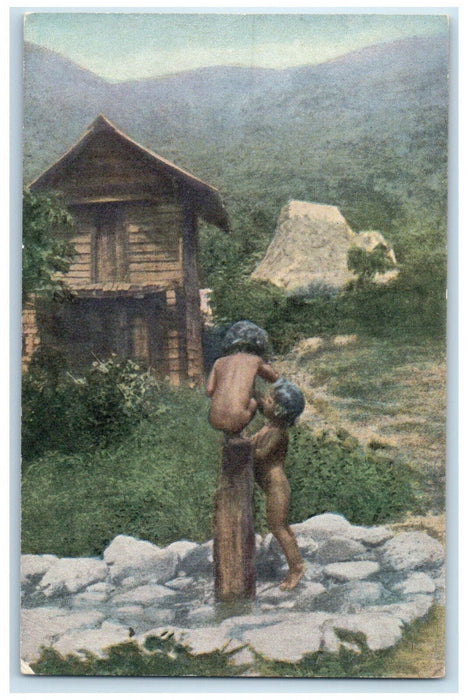 c1910 Two Kids Naked Bathing Wooden House Hills View Philippines Postcard