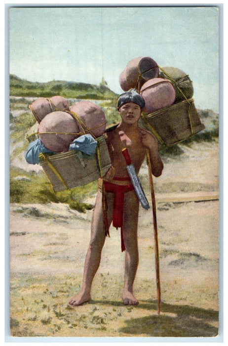 c1910 Tribal Man Wearing Carrying Loaded Baskets Philippines Antique Postcard