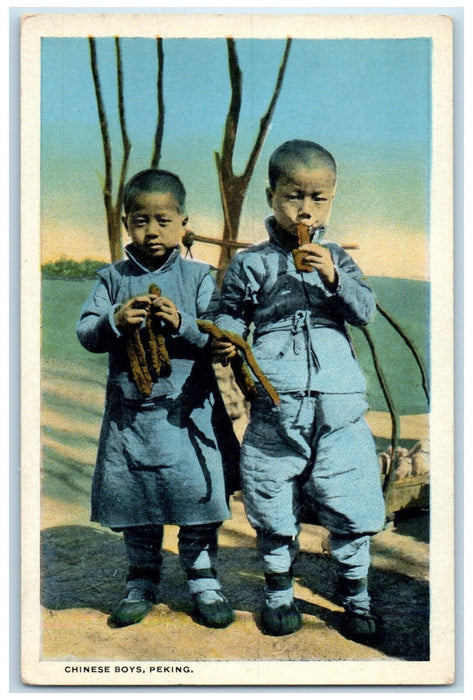 c1930's Two Chinese Boys Bald Head Eating Scene Beijing China Postcard