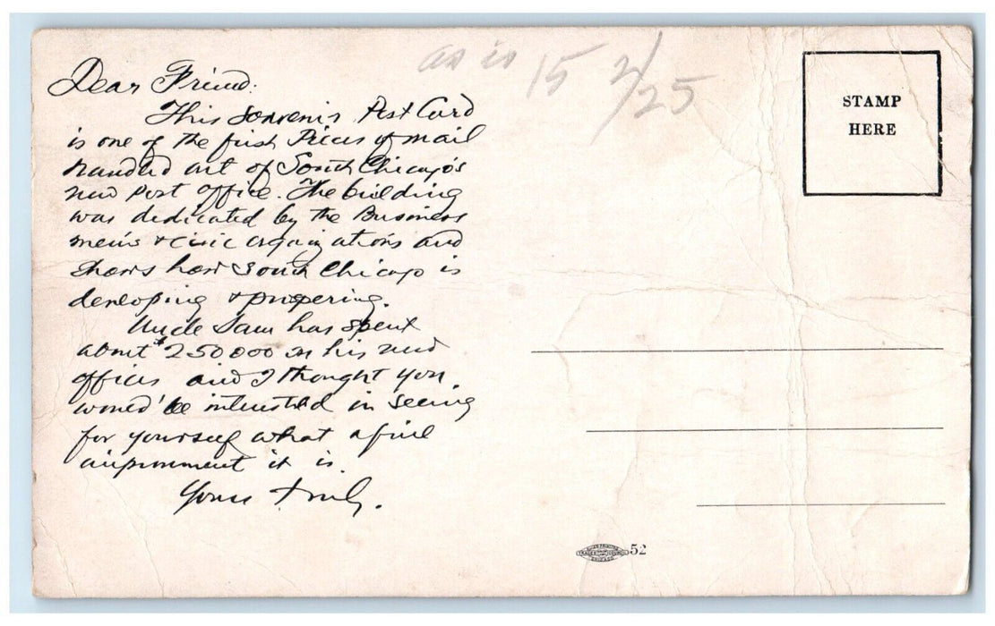 New United States Post Office At South Chicago Illinois IL Antique Postcard