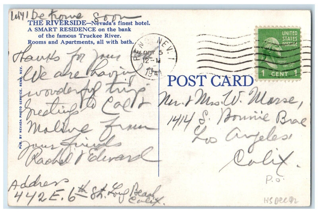1941 Hotel Riverside US Post Office Reno Nevada NV From Truckee River Postcard