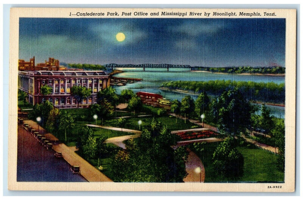 Confederate Park Post Office Mississippi River Moonlight Memphis TN Postcard